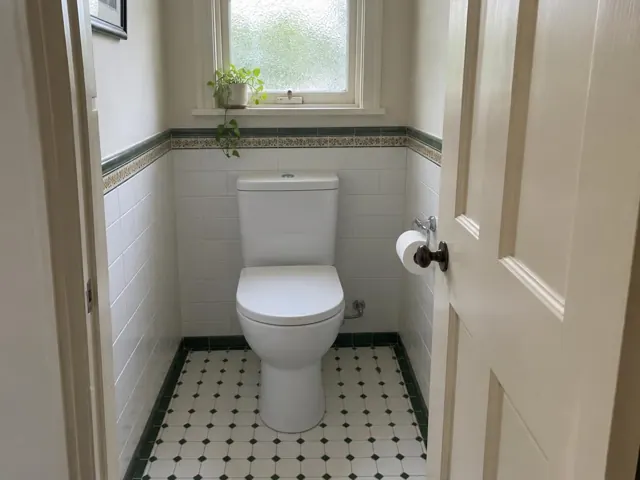 Clean white toilet in a small tiled bathroom with frosted window in Bexley