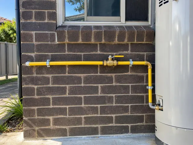 Yellow gas pipework and shutoff valve on a brick house wall beside a hot water unit in Bexley North